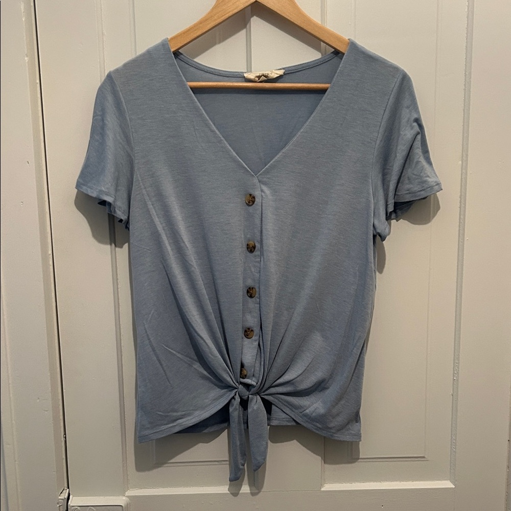 Casual Blue Button-Down Tie-Front Shirt